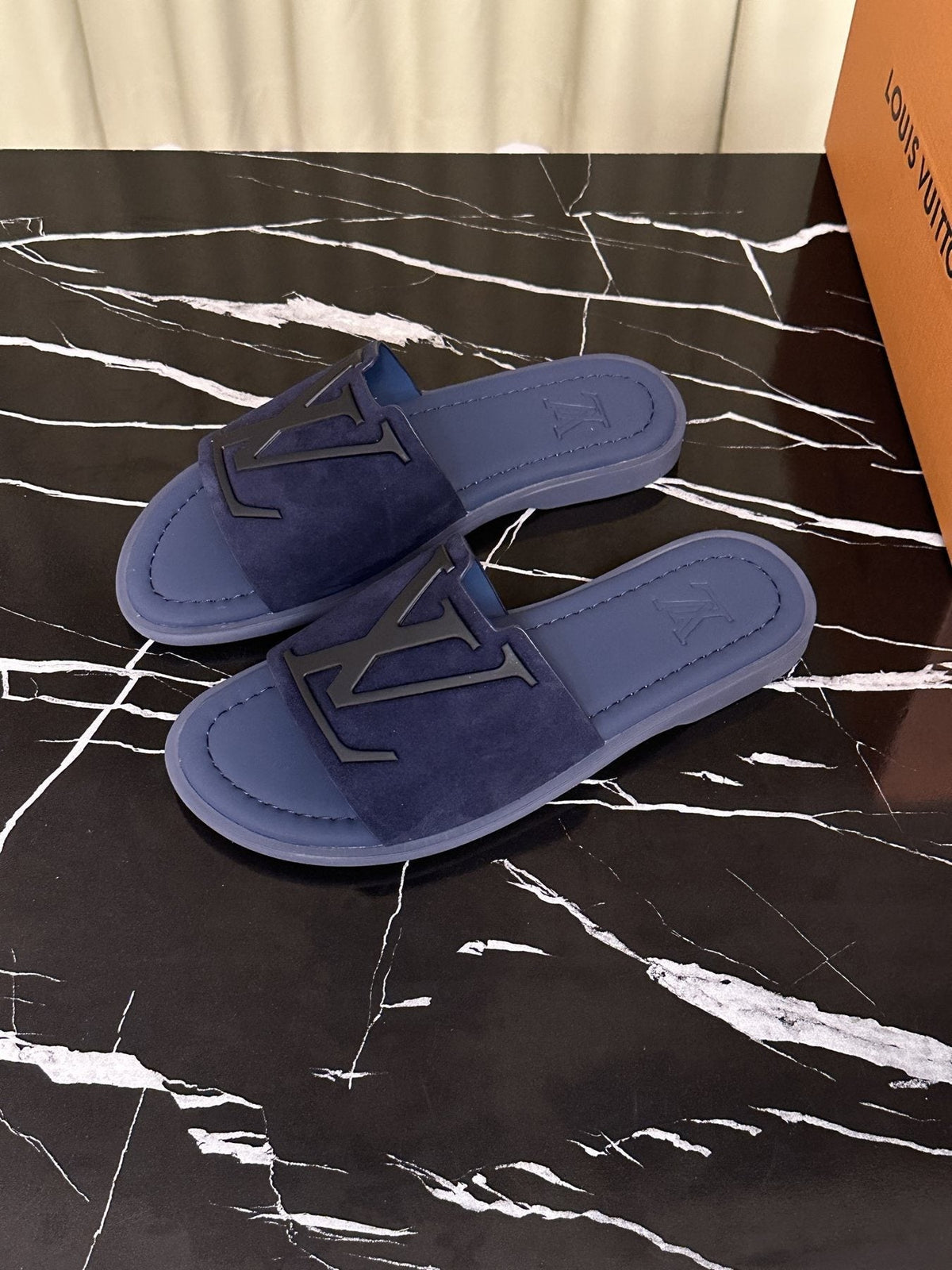 Louis Vuitton Men's Navy Blue Logo Slide Sandals
