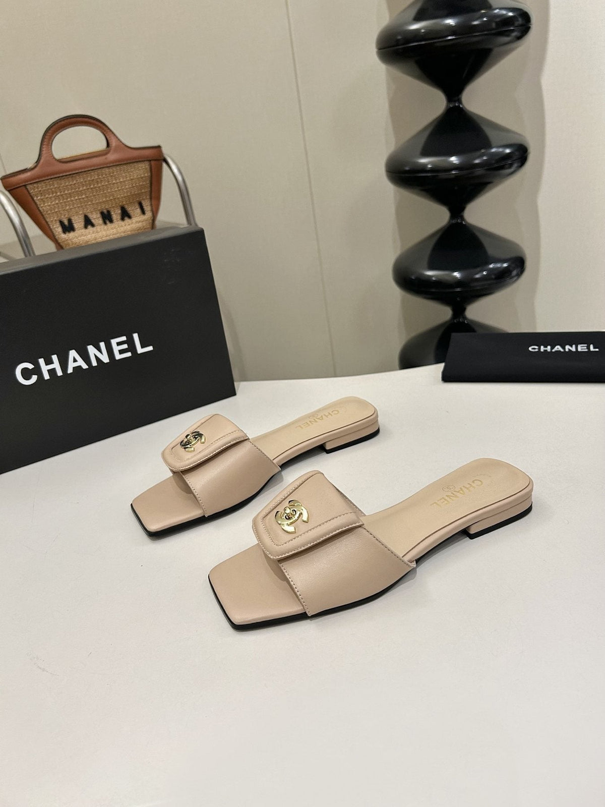 Chanel Square-Toe Leather Slide Sandals